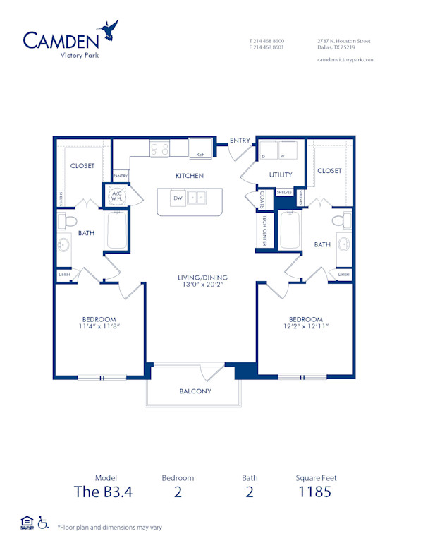 Blueprint of B3.4 Floor Plan, 2 Bedrooms and 2 Bathrooms at Camden Victory Park Apartments in Dallas, TX