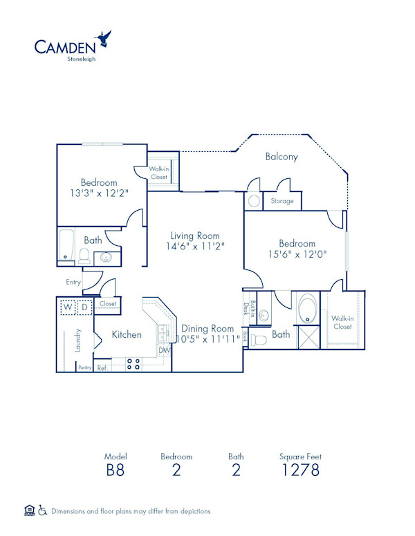 Blueprint of B8 Floor Plan, 2 Bedrooms and 2 Bathrooms at Camden Stoneleigh Apartments in Austin, TX