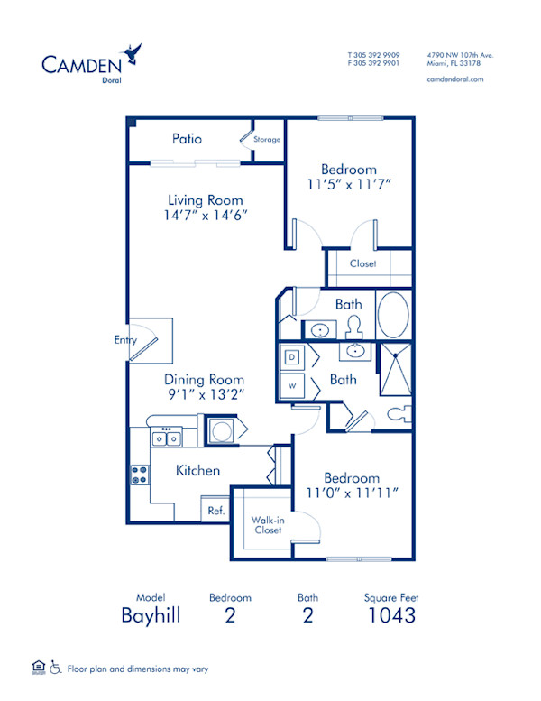 Blueprint of Bayhill Floor Plan, 2 Bedrooms and 2 Bathrooms at Camden Doral Apartments in Doral, FL