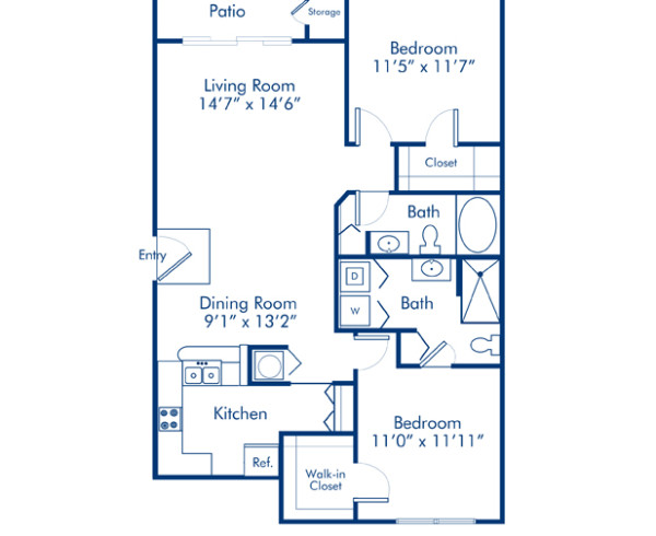 Blueprint of Bayhill Floor Plan, 2 Bedrooms and 2 Bathrooms at Camden Doral Apartments in Doral, FL
