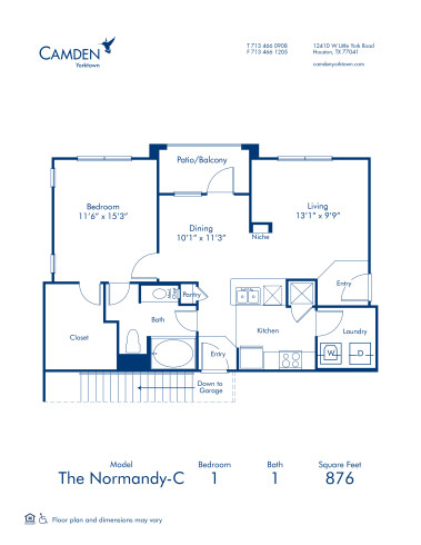 Blueprint of Normandy C Floor Plan, 1 Bedroom and 1 Bathroom at Camden Yorktown Apartments in Houston, TX