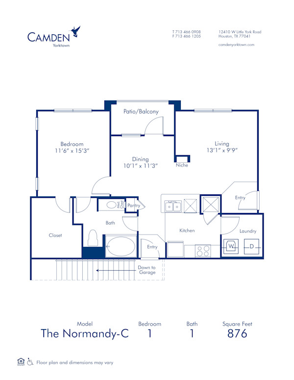 Blueprint of Normandy C Floor Plan, 1 Bedroom and 1 Bathroom at Camden Yorktown Apartments in Houston, TX