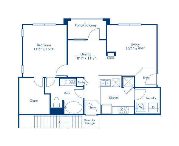 Blueprint of Normandy C Floor Plan, 1 Bedroom and 1 Bathroom at Camden Yorktown Apartments in Houston, TX