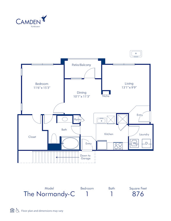 Blueprint of Normandy C Floor Plan, 1 Bedroom and 1 Bathroom at Camden Yorktown Apartments in Houston, TX