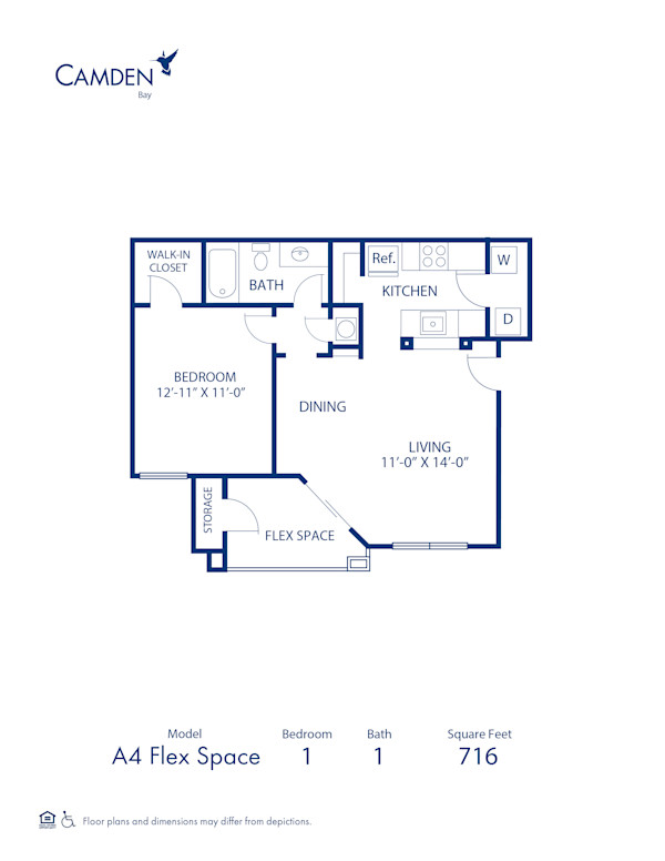 Blueprint of A2 Floor Plan, 1 Bedroom and 1 Bathroom at Camden Bay Apartments in Tampa, FL