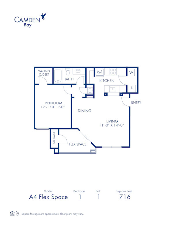 Blueprint of A2 Floor Plan, 1 Bedroom and 1 Bathroom at Camden Bay Apartments in Tampa, FL