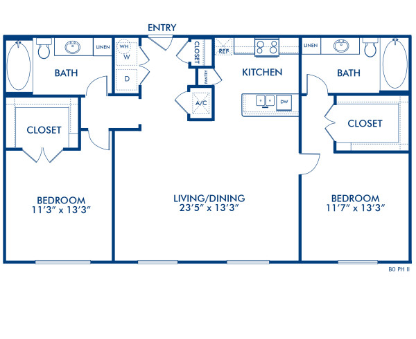 Blueprint of Montgomery II Floor Plan, 2 Bedrooms and 2 Bathrooms at Camden City Centre II Apartments in Houston, TX