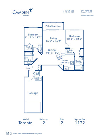 Blueprint of Taranto Floor Plan, 2 Bedrooms and 2 Bathrooms at Camden Visconti Apartments in Tampa, FL