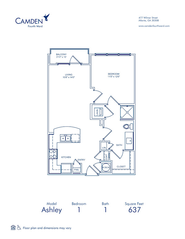 Blueprint of Ashley Floor Plan, 1 Bedroom and 1 Bathroom at Camden Fourth Ward Apartments in Atlanta, GA