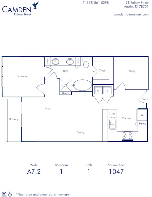 Camden Rainey Street apartments in Austin, TX one bedroom floor plan A7.2 Study