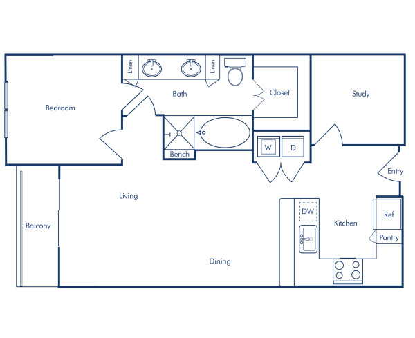 Camden Rainey Street apartments in Austin, TX one bedroom floor plan A7.2 Study