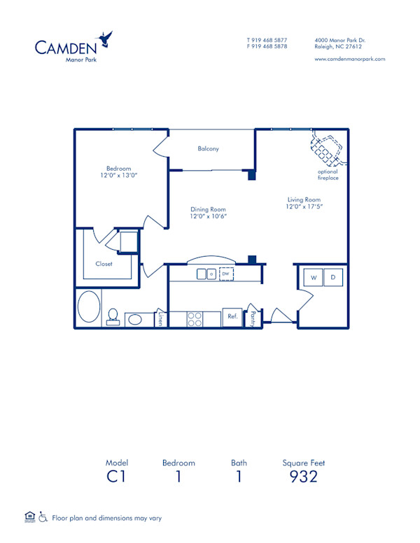 Blueprint of C1 Floor Plan, 1 Bedroom and 1 Bathroom at Camden Manor Park Apartments in Raleigh, NC