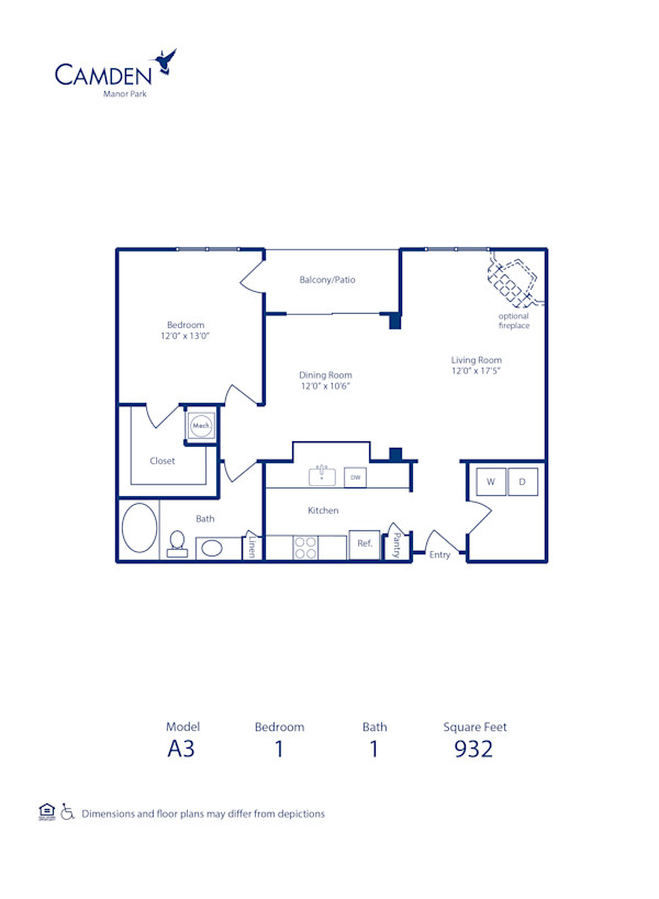 Blueprint of A3 Floor Plan, 1 Bedroom and 1 Bathroom at Camden Manor Park Apartments in Raleigh, NC