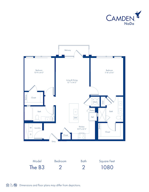 The B3 floor plan, 2 bed, 2 bath at Camden NoDa Apartments in Charlotte, NC