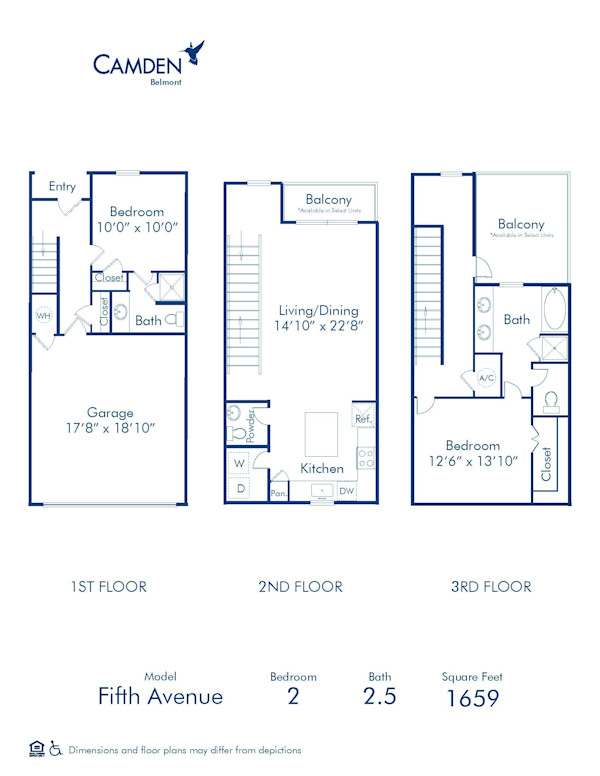 Blueprint of Fifth Avenue Floor Plan, 2 Bedrooms and 2.5 Bathrooms at Camden Belmont Apartments in Dallas, TX