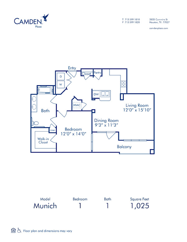 Blueprint of Munich Floor Plan, 1 Bedroom and 1 Bathroom at Camden Plaza Apartments in Houston, TX