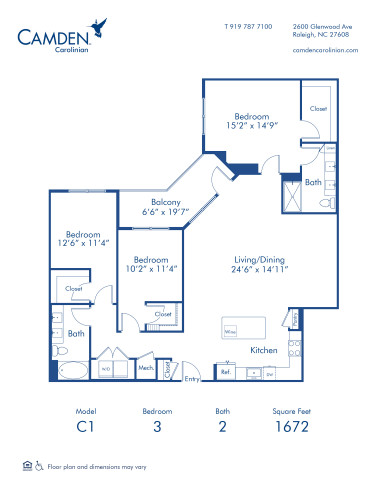 Camden Carolinian apartments in Raleigh, North Carolina three bedroom floor plan C1