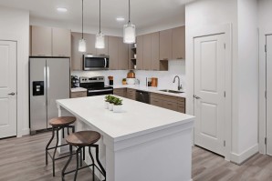 Contemporary style kitchen with quartz countertops and stainless steel appliances