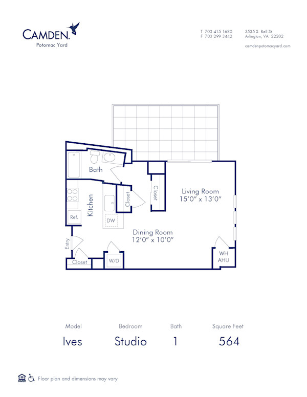 Blueprint of Ives Floor Plan, Studio with 1 Bathroom at Camden Potomac Yard Apartments in Arlington, VA