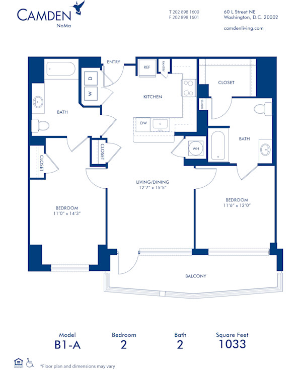 Blueprint of B1-A Floor Plan, 2 Bedrooms and 2 Bathrooms at Camden NoMa Apartments in Washington, DC
