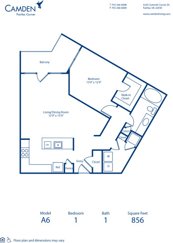 Blueprint of A6 Floor Plan, 1 Bedroom and 1 Bathroom at Camden Fairfax Corner Apartments in Fairfax, VA