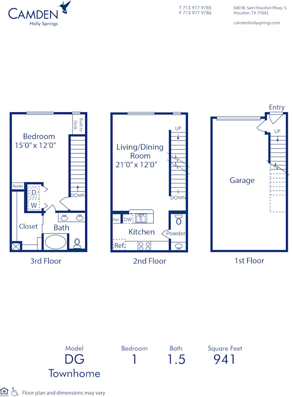 Blueprint of DG Townhome Floor Plan, 1 Bedroom and 1.5 Bathrooms at Camden Holly Springs Apartments in Houston, TX