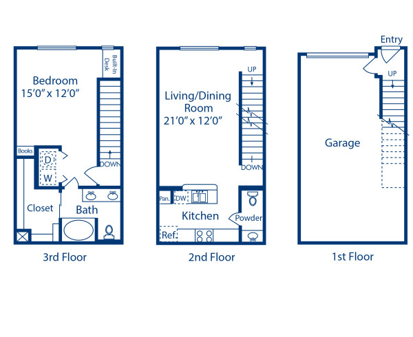 Blueprint of DG Townhome Floor Plan, 1 Bedroom and 1.5 Bathrooms at Camden Holly Springs Apartments in Houston, TX