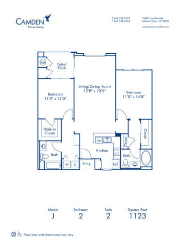 Blueprint of J Floor Plan, 2 Bedrooms and 2 Bathrooms at Camden Crown Valley Apartments in Mission Viejo, CA