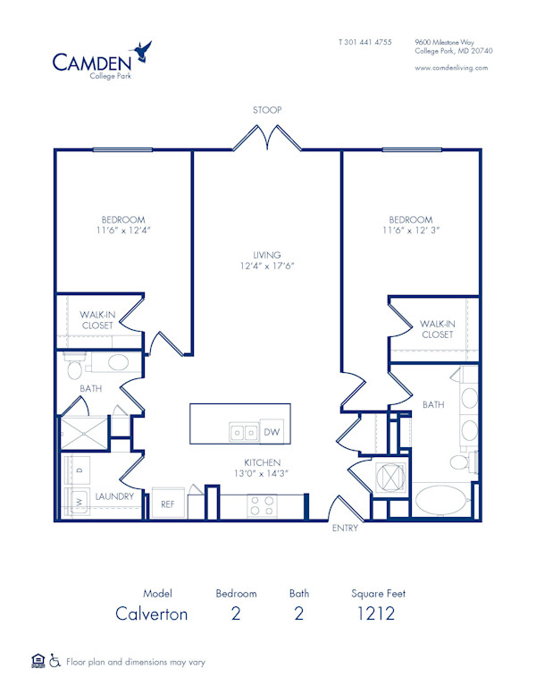 Calverton Floor Plan Blueprint, Apartment Home with 2 Bedroom and 2 Bathroom at Camden College Park in College Park, MD