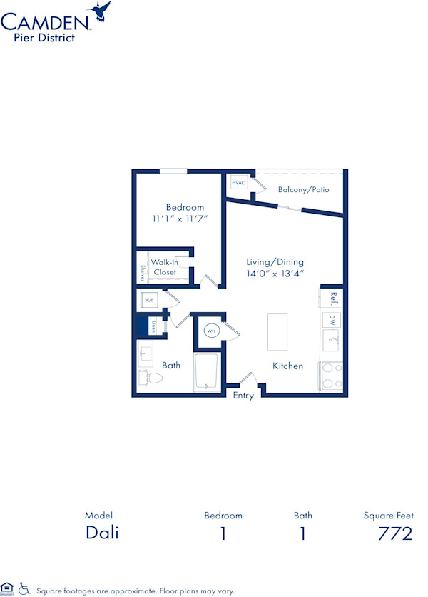 Blueprint of Dali floor plan, one bedroom one bathroom apartment home at Camden Pier District one bedroom floor plans in St. Petersburg, FL