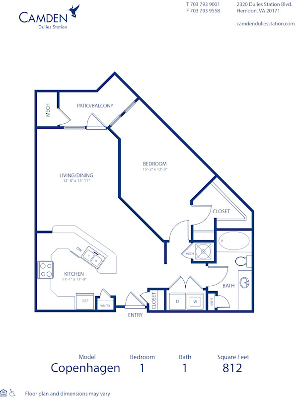 Blueprint of Copenhagen Floor Plan, 1 Bedroom and 1 Bathroom at Camden Dulles Station Apartments in Herndon, VA