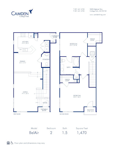 Blueprint of Bel Air Floor Plan, 2 Bedrooms and 1.5 Bathrooms at Camden College Park Apartments in College Park, MD