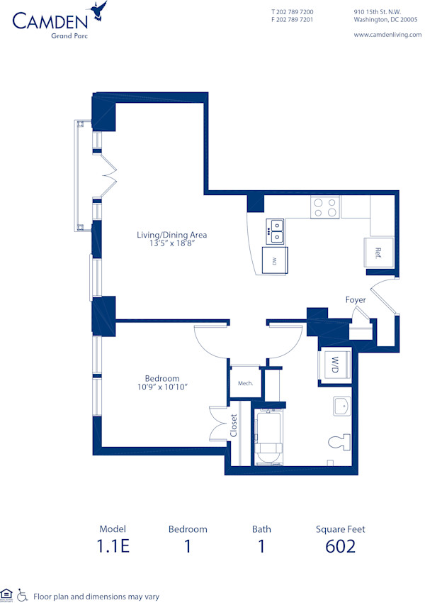 Blueprint of 1.1E Floor Plan, 1 Bedroom and 1 Bathroom at Camden Grand Parc Apartments in Washington, DC