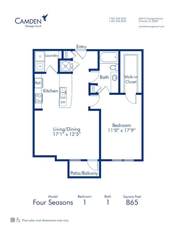 Blueprint of Four Seasons Floor Plan, 1 Bedroom and 1 Bathroom at Camden Orange Court Apartments in Orlando, FL