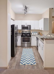 Kitchen with white shaker cabinets at Camden Holly Springs Apartments in Houston, TX