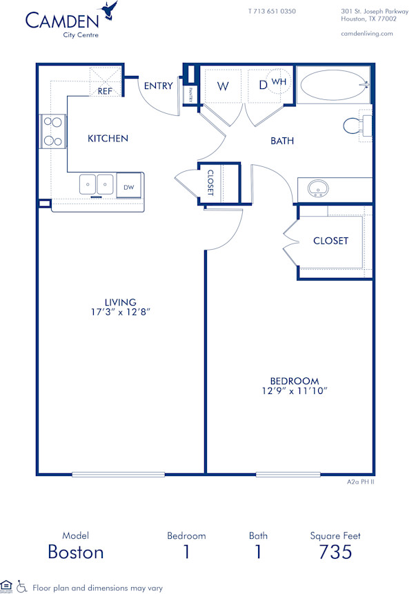 Blueprint of Boston II Floor Plan, 1 Bedroom and 1 Bathroom at Camden City Centre II Apartments in Houston, TX