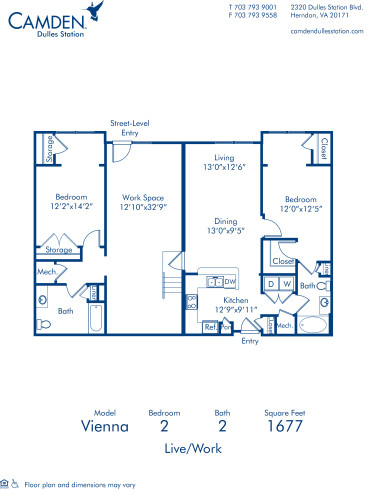 Blueprint of Vienna (Live/Work) Floor Plan, 2 Bedrooms and 2 Bathrooms at Camden Dulles Station Apartments in Herndon, VA