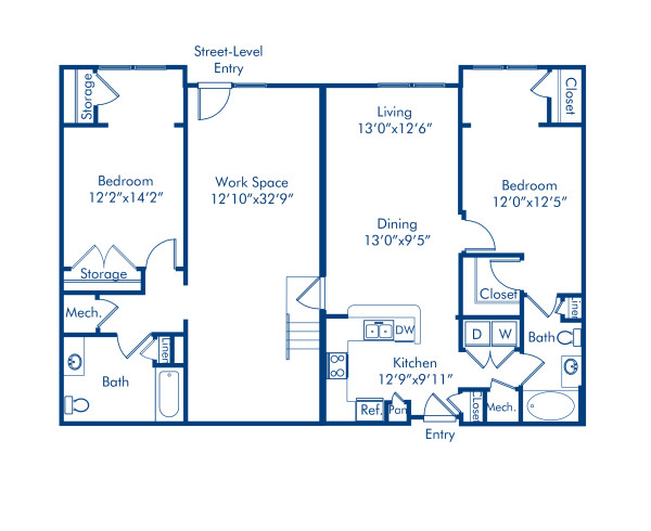 Blueprint of Vienna (Live/Work) Floor Plan, 2 Bedrooms and 2 Bathrooms at Camden Dulles Station Apartments in Herndon, VA