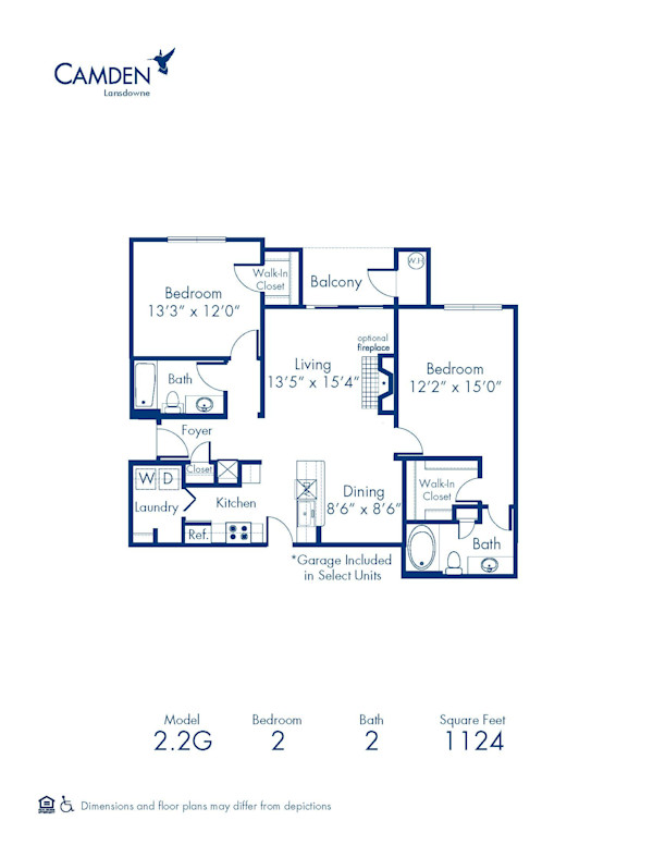 Blueprint of 2.2G Floor Plan, 2 Bedrooms and 2 Bathrooms at Camden Lansdowne Apartments in Lansdowne, VA