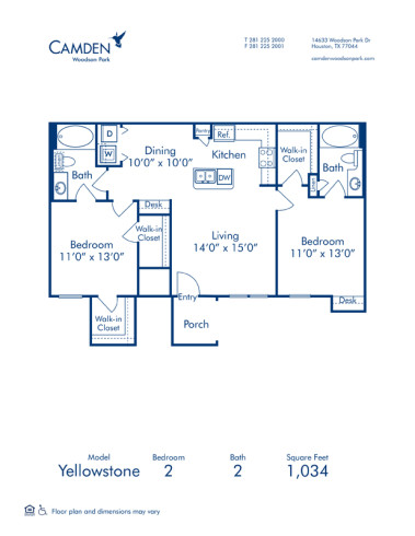 Blueprint of Yellowstone Floor Plan, 2 Bedrooms and 2 Bathrooms at Camden Woodson Park Apartments in Houston, TX