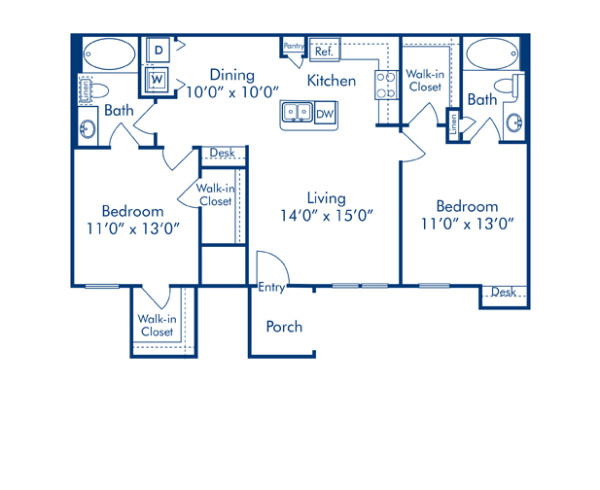 Blueprint of Yellowstone Floor Plan, 2 Bedrooms and 2 Bathrooms at Camden Woodson Park Apartments in Houston, TX