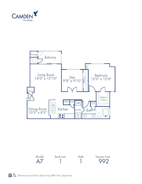 Blueprint of A7 Floor Plan, 1 Bedroom and 1 Bathroom at Camden Stoneleigh Apartments in Austin, TX