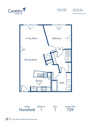 Blueprint of Hartsfield Floor Plan, 1 Bedroom and 1 Bathroom at Camden Brookwood Apartments in Atlanta, GA