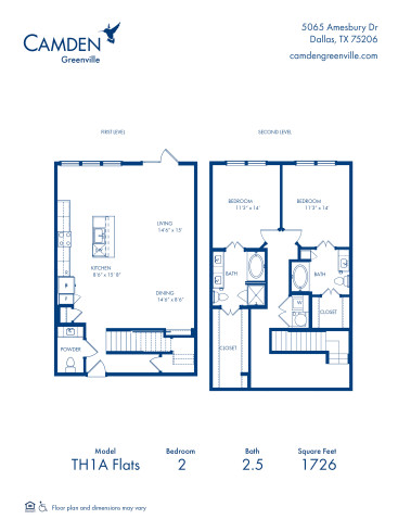 Camden Greenville apartments in Dallas, TX two bedroom, two and a half bathroom floor plan TH1A Flats