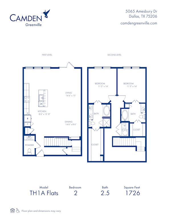 Camden Greenville apartments in Dallas, TX two bedroom, two and a half bathroom floor plan TH1A Flats