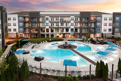 Resort-style pool at twilight at Camden West Nashville apartments in Nashville, TN