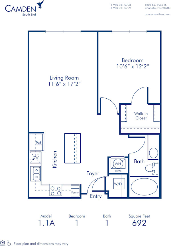 Blueprint of 1.1A Floor Plan, 1 Bedroom and 1 Bathroom at Camden South End Apartments in Charlotte, NC