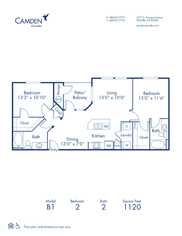 Blueprint of B1 Floor Plan, 2 Bedrooms and 2 Bathrooms at Camden Chandler Apartments in Chandler, AZ