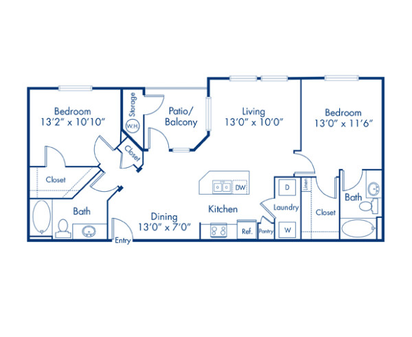 Blueprint of B1 Floor Plan, 2 Bedrooms and 2 Bathrooms at Camden Chandler Apartments in Chandler, AZ