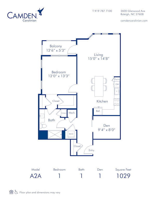 Blueprint of the A2A One Bedroom, One Bathroom Floor Plan at Camden Carolinian Apartments in Raleigh, NC
